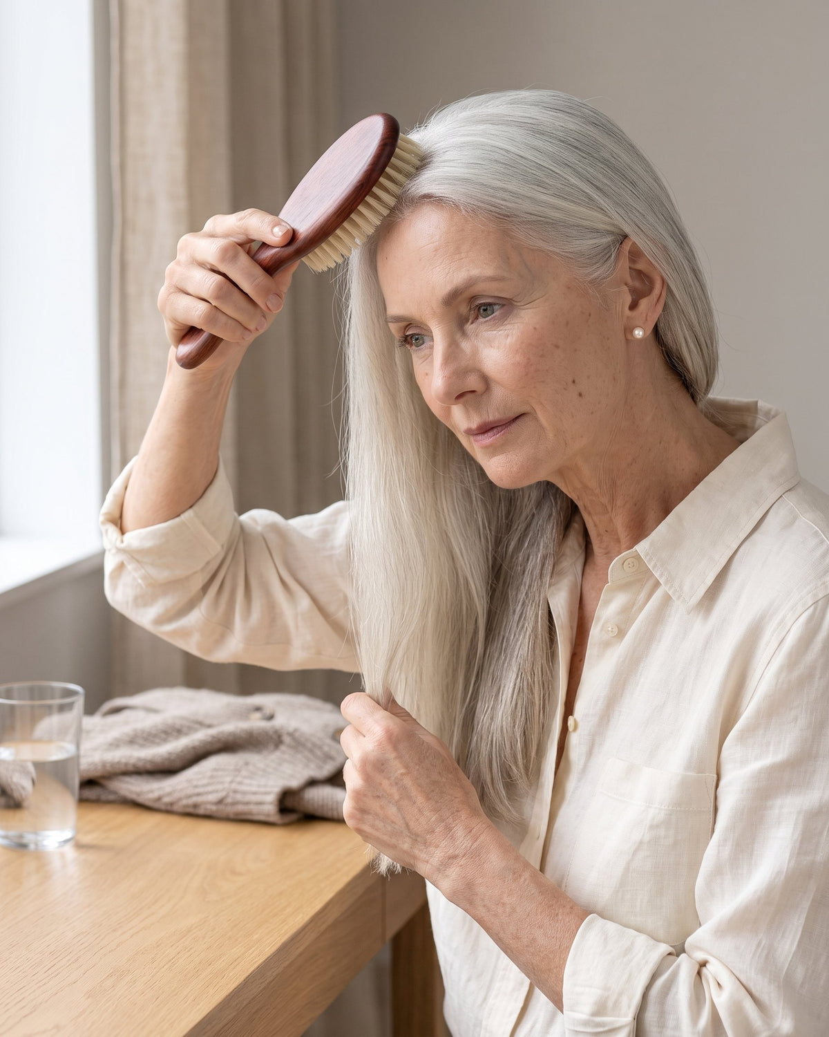 Person with long silver hair brushing from the roots with The Soft Grade brush