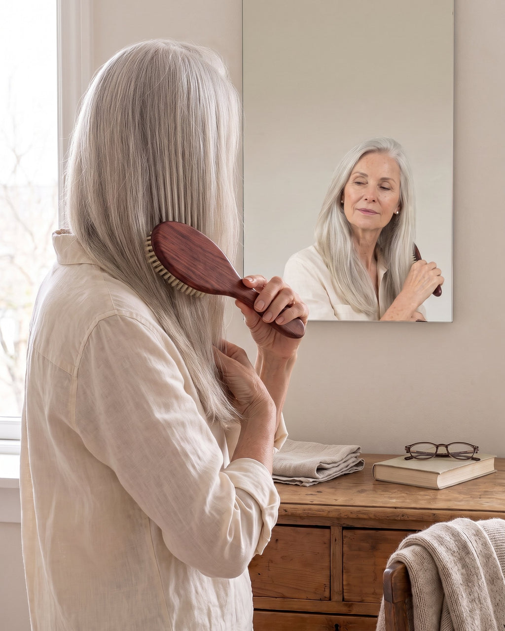 A person with long, fine silver hair brushing dry hair with a boar bristle brush in front of a mirror