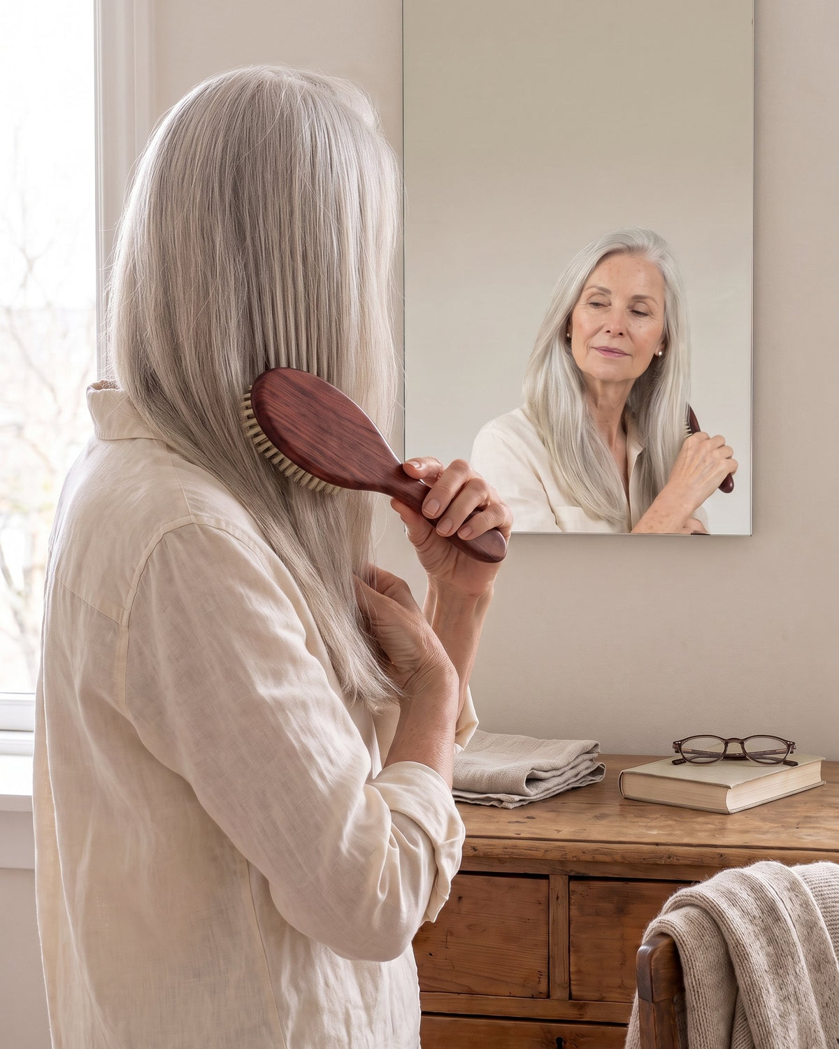 A person with long, fine silver hair brushing dry hair with a boar bristle brush in front of a mirror