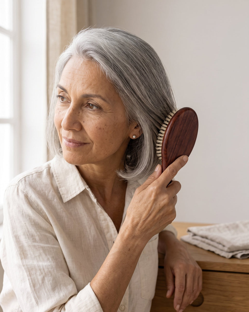 A person with a silver bob brushing dry hair with The Soft Grade brush by a window