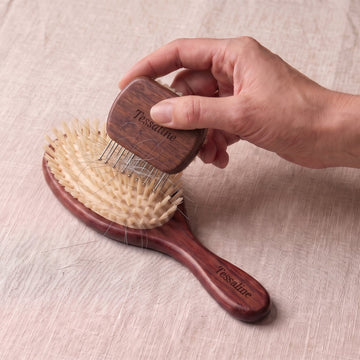 A brush cleaner drawn through the bristles of a boar bristle brush