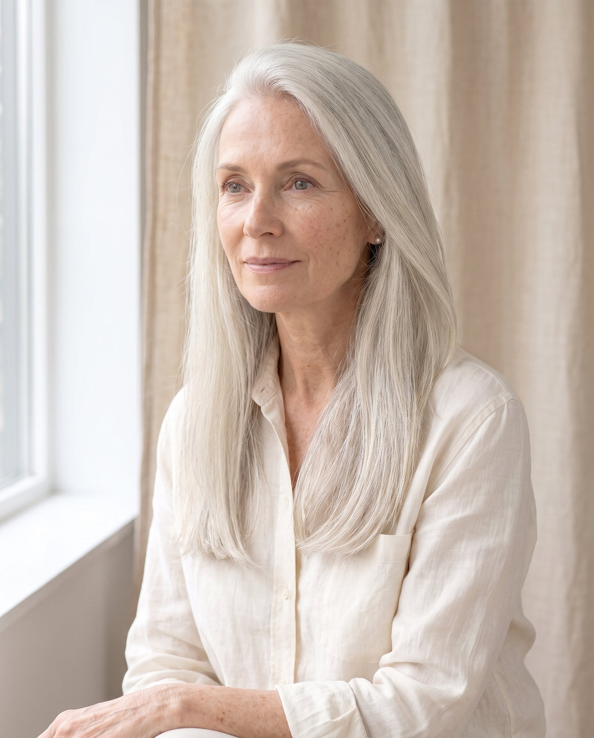 Person with long, fine silver hair sitting by a window in soft daylight